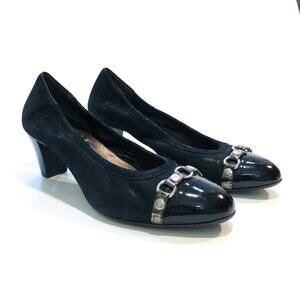 A.G.L. Aglattilio Guisti Leombruni Monika Black Shimmer Suede Cap Toe Pumps Heel